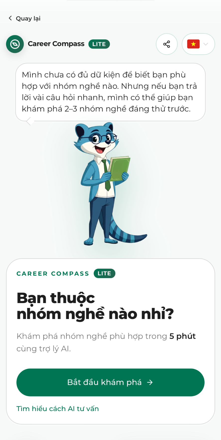 Màn hình mở đầu La bàn nghề nghiệp (Career Compass Lite) trên ứng dụng EMBLEM